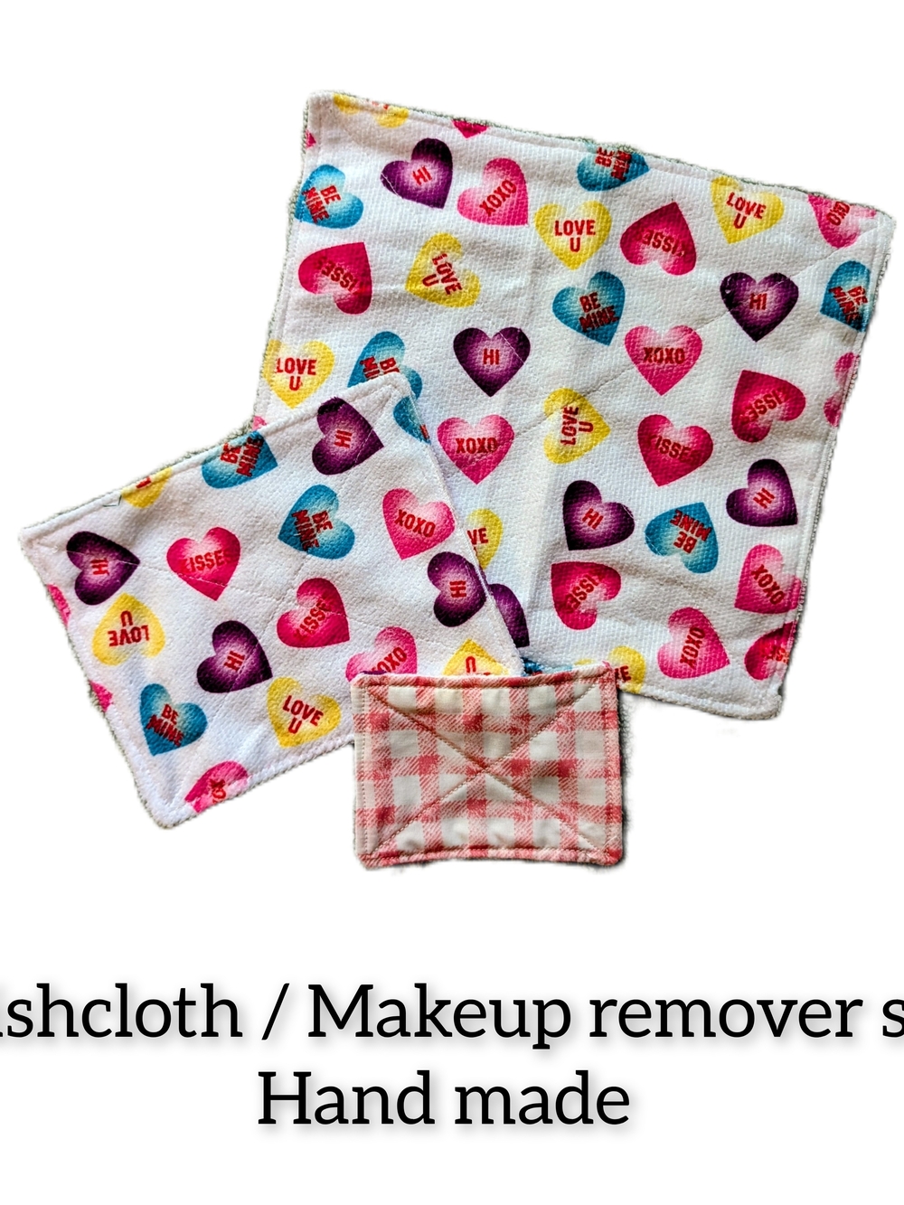 Handmade Heart Print Washcloth Set - White with Pink, Purple & Blue Hearts
